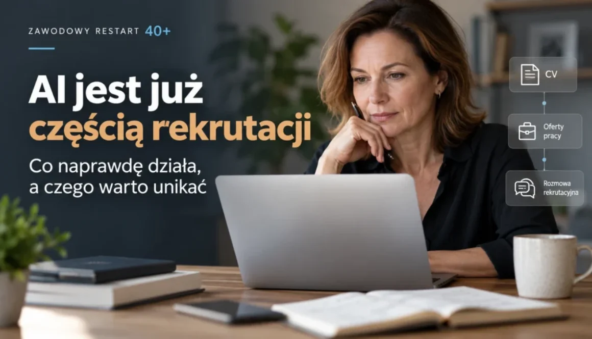 Doświadczona specjalistka analizuje ofertę pracy przy laptopie, korzystając z narzędzi AI.