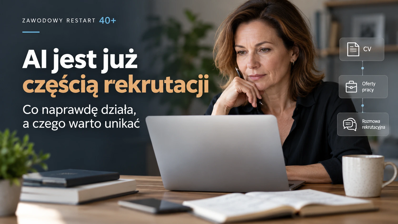 Doświadczona specjalistka analizuje ofertę pracy przy laptopie, korzystając z narzędzi AI.